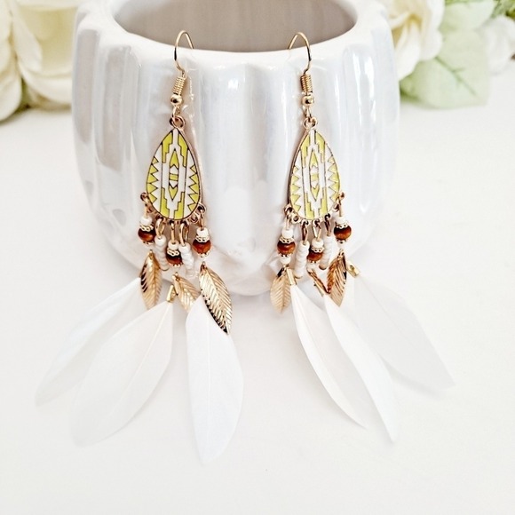Gold & white Boho feather earrings beaded tassel long drop festival 💖2/$30 - Picture 10 of 11